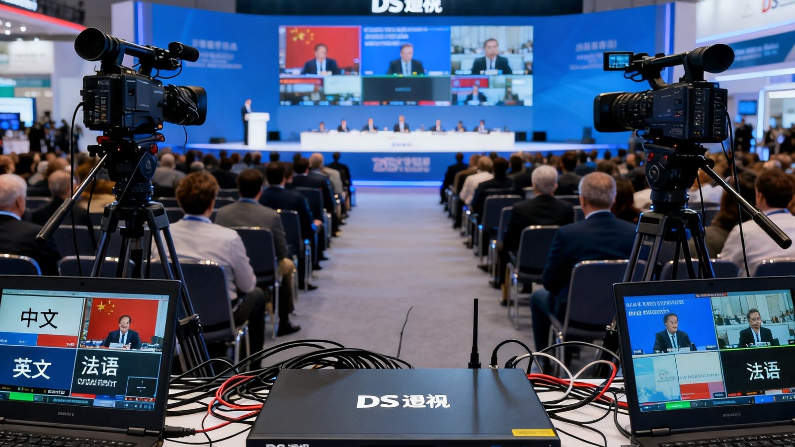 DS视讯在跨国大型展会现场部署云视讯中转设备，多语种同声传译系统与高清摄像机组协同工作的场景